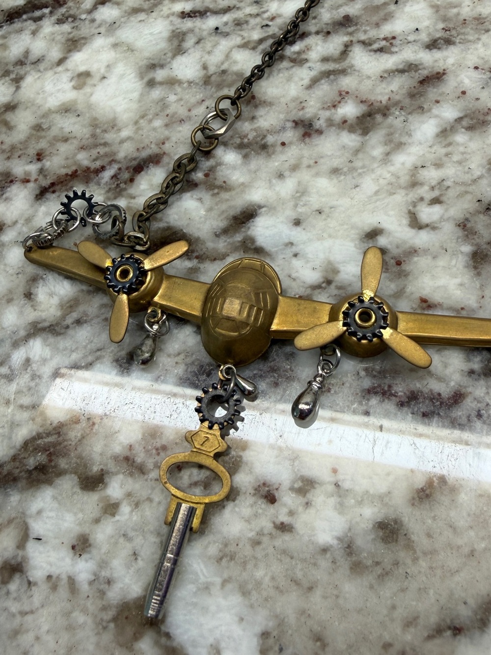 Steampunk Airplane Pendant Necklace with Key Charm